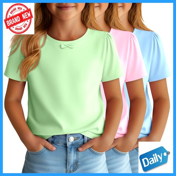Girls 3 Pack Short Sleeve Tees with Bow Crewneck Soft Stretch Tops